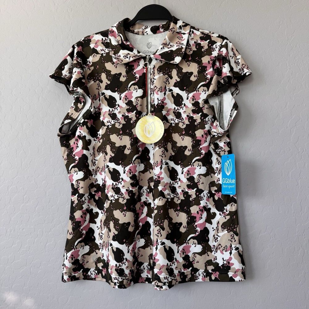 NWT GGBlue XLarge‎ Multicolor Camo Animal Print Short Sleeve Zip Polo Shirt